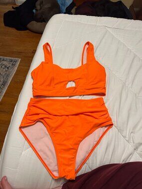 Orange 2 Piece Plus Size Solid High Waisted Bikini Swimsuit Size 12 (0XL)